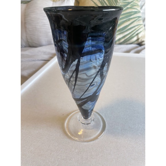 Contrast Swirl‎ Art Glass Vase Blue Blown 9" Metallic Modernist - Picture 7 of 7